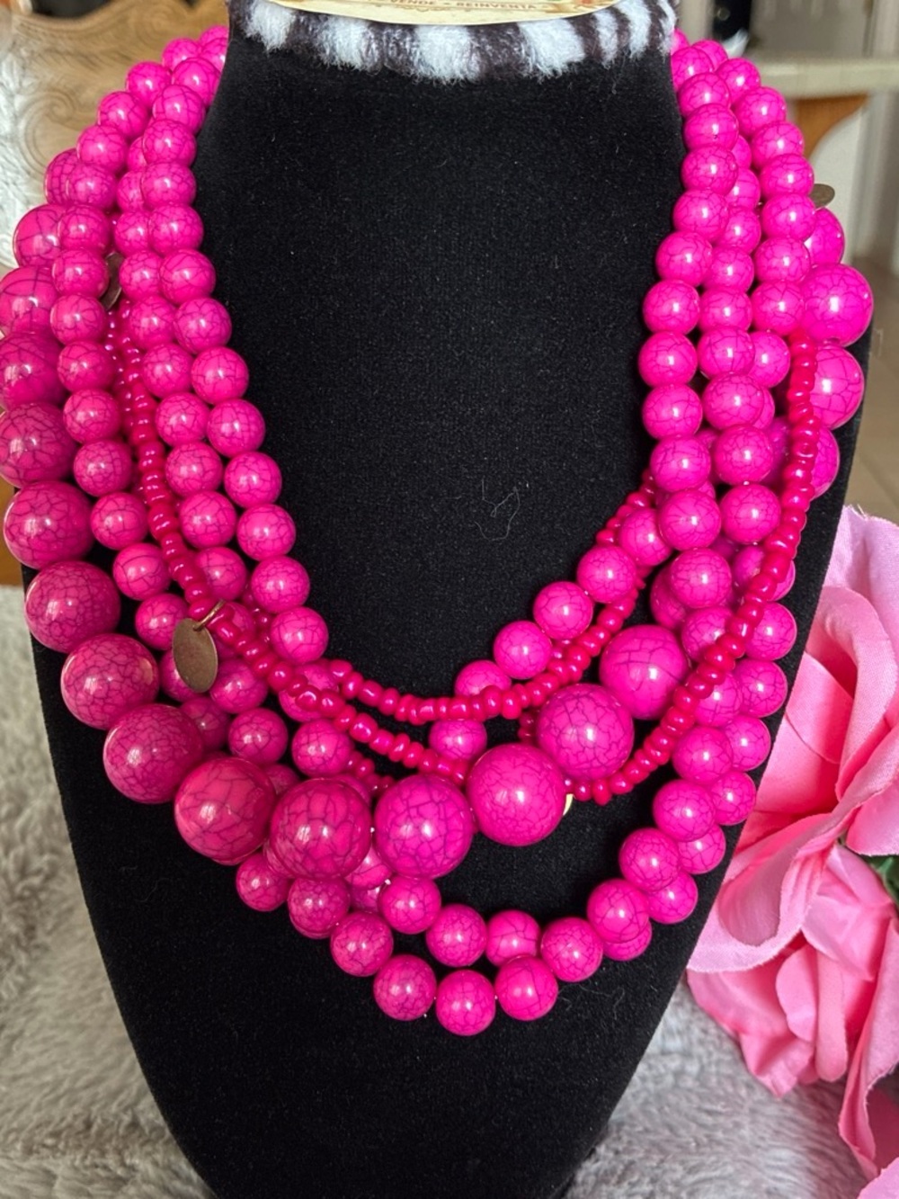 Statement Multistrand Hot Pink Beaded Necklace